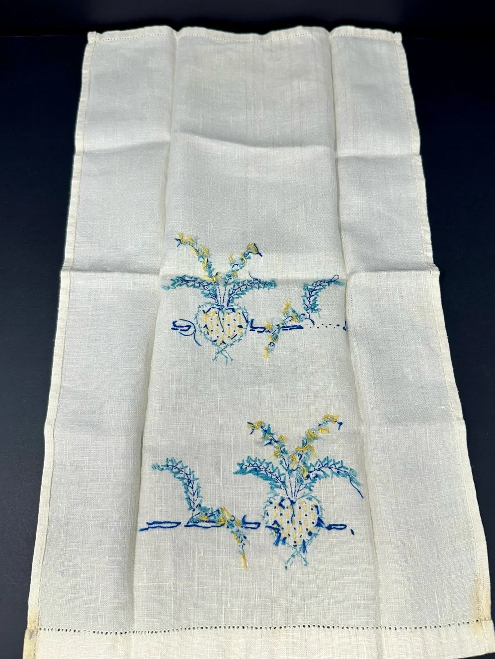 Vintage Linen Beige Hand Blue Embroidered Napkins A4